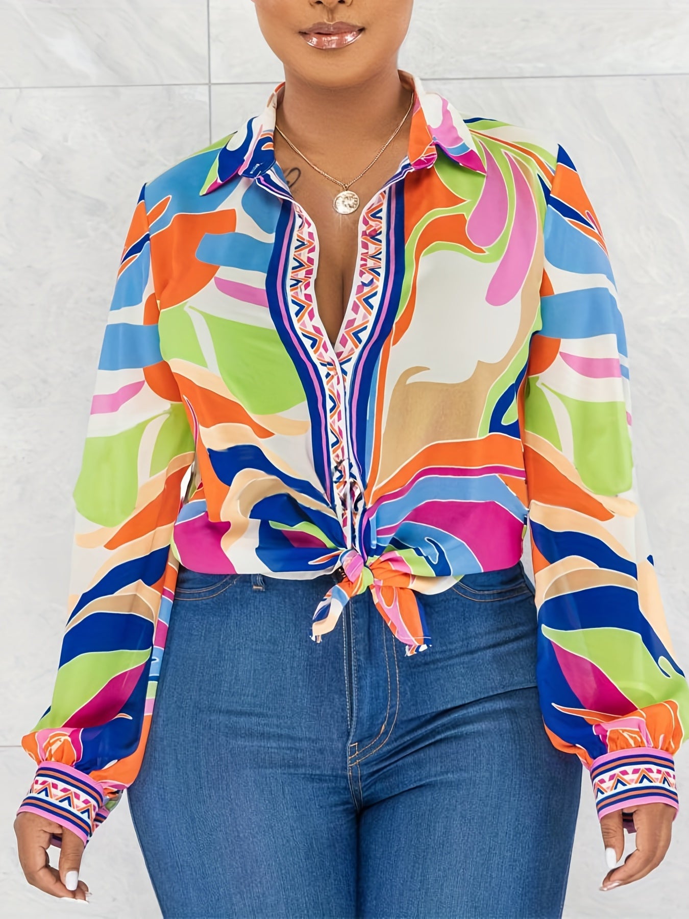 Casual Long Sleeve Abstract Print Button Front Shirt, Women's Collar Clothing