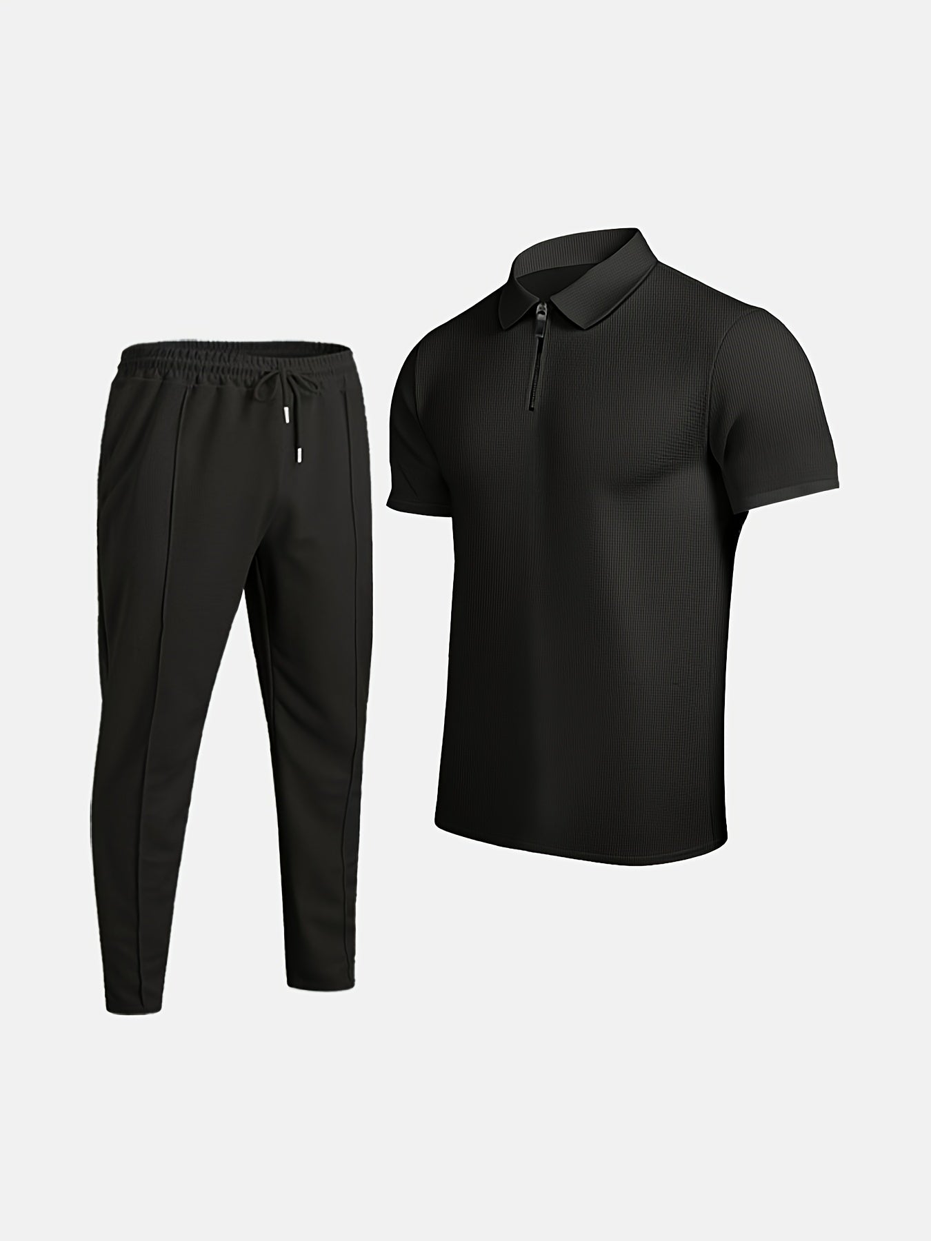 Men's Waffle Texture Lapel Shirt And Pants Set - Polyester Short Sleeved Shirt, Zipper Access, Elastic Drawstring Waist Straight Leg Pants 5 Colors Suitable For Spring, Summer, Autumn, Beach, Outdoor Activities, Daily Wear, S