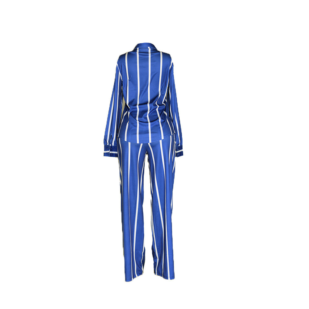 [Two-piece Set Long Sleeve Shirt] Striped Print Two-piece Set, Button Front Collar Long Sleeve Shirt & High Waist Wide Leg Loose Pants Set, Women's Clothing