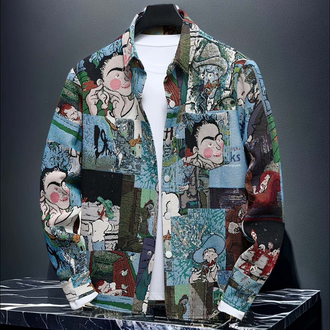 Men's slim-fit long-sleeve shirt - Van Gogh-inspired art buttons top, suitable for both formal and casual wear, machine washable polyester suit alternative - an ideal gift for art enthusiasts, street-style fashion outfit, ver