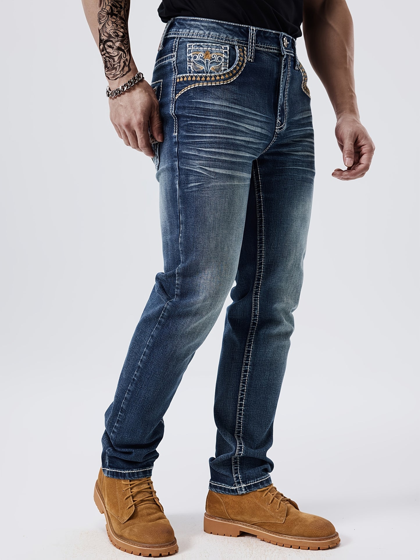 Men'S ESDVQ Embroidered Denim Jeans - Stretchy, All-Season, Casual Straight Leg Jeans With Brown Boots, Casual Attire | Embroidered Jeans | Casual Fit Jeans