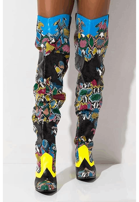 HILDA Colorful Snakeskin Over-the-Knee Boots – Chunky Low Heel Western Style