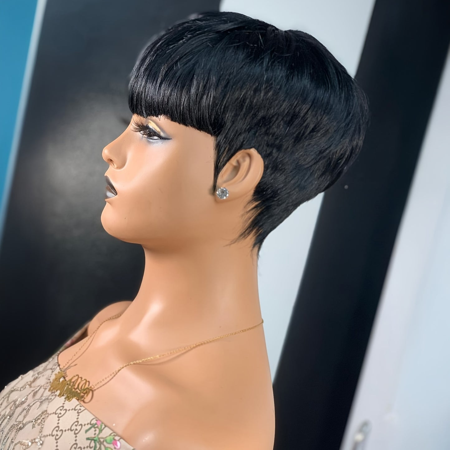 1B Brazilian Remy Human Hair Pixie Cut Wigs for Women with Bangs, Short, Layered, 9A, Full Machine Made, Natural Black Color, Glueless
