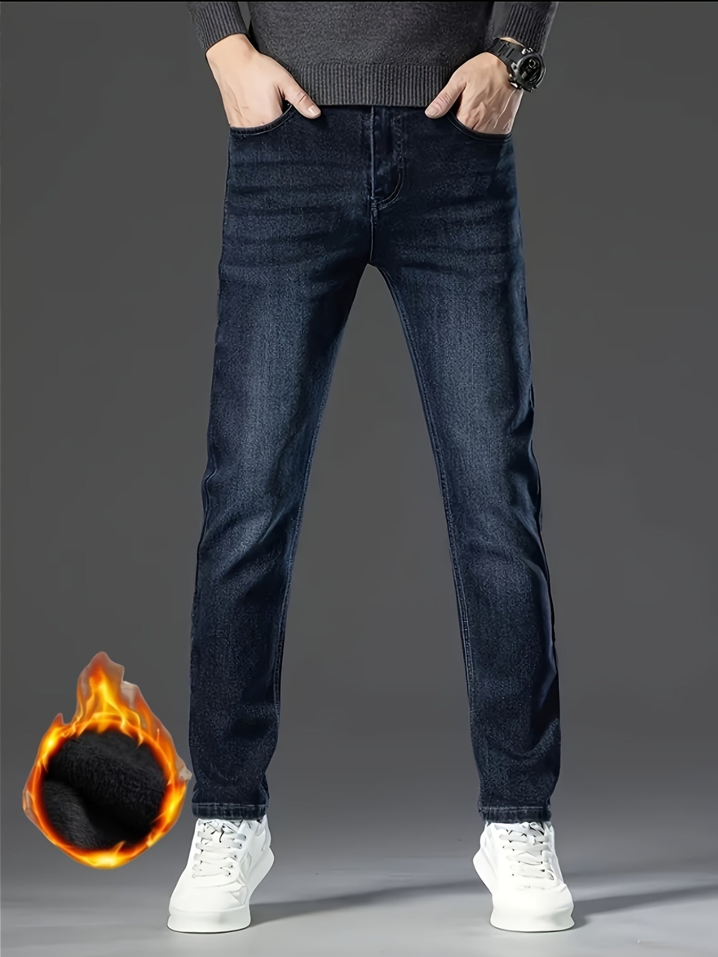 HME Men'S Thermal Insulated Fleece-Like Faux Denim Faux Denim - Mid-Rise Straight-Leg Winter Pants with YKK Zipper Closure, Machine Washable & Beltless Design, Business Casual & Casual Attire, Cold-Resistant Stretch Fabric (R