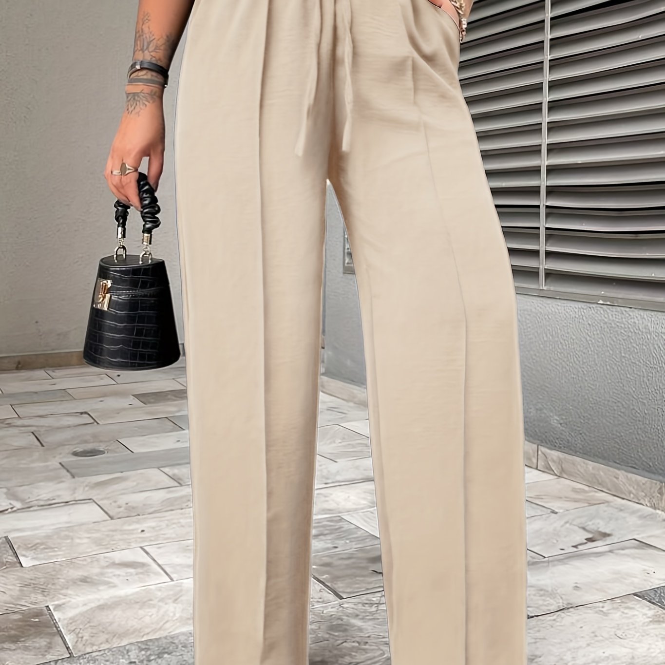 Elegant Middle-Eastern Polyester Straight Leg Pants 95% Polyester 5% Elastane Solid Color with Faux Drawstring Detail Spring/Fall Collection for Women - Woven Fabric, Comfort Fit Lounge Trousers with Pockets