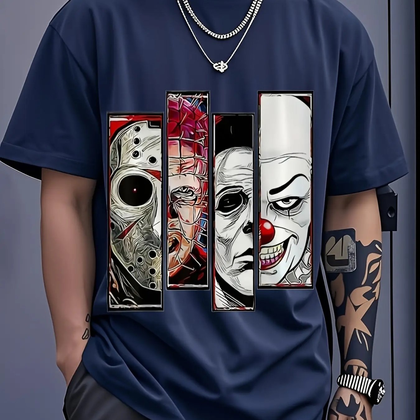 Men's Anime Horror Icons Graphic T-Shirt - Jason, Freddy, Pennywise & Chucky Printed 100% Cotton Casual Streetwear Round Neck Short Sleeve Tee for Pop Culture Fans & Casual Attire