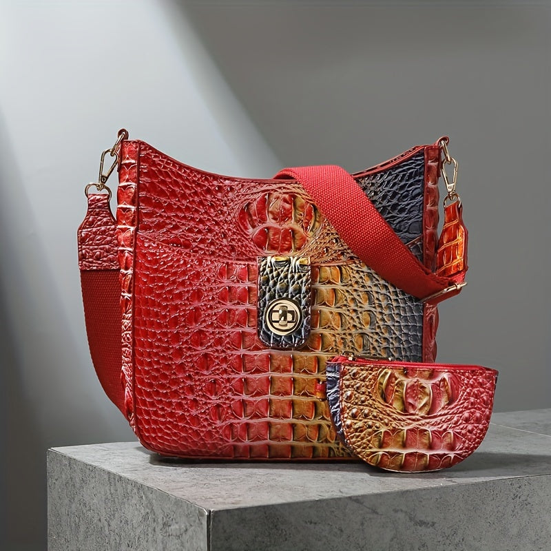 Elegant women's cross-body bag, fashionable color crocodile pattern cross-body bag, wide shoulder strap removable two-piece women's bag, safety zipper bag with coin purse