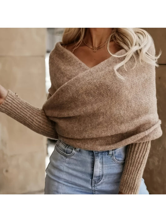 Women's Elegant V-Neck Off-Shoulder Shawl Sweater Scarf - Winter Warm Cross Collar Long Sleeve Blazer-Like Jacket, Soft Stretch -like Texture (No Bulk Collar), Hand Washable Fall/Winter Layering Piece for Casual & Formal, Swe