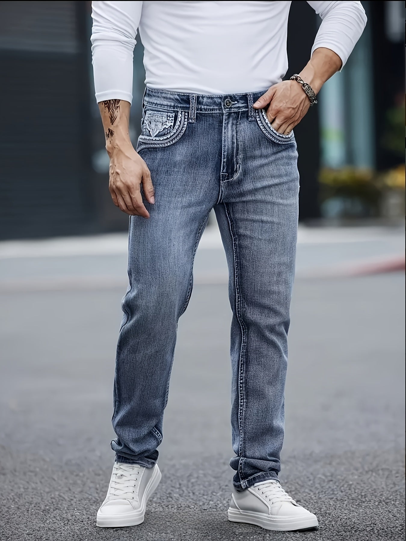 HME Men's Jeans - Stretch Slim-Fit Mid-Rise Pants with Elastic Waist, Vintage Washed Blue Denim, Five-Pocket Design & Built-In Zipper Closure, Machine Washable for Business, Office, Everyday Casual - All-Season Men's Pants, V