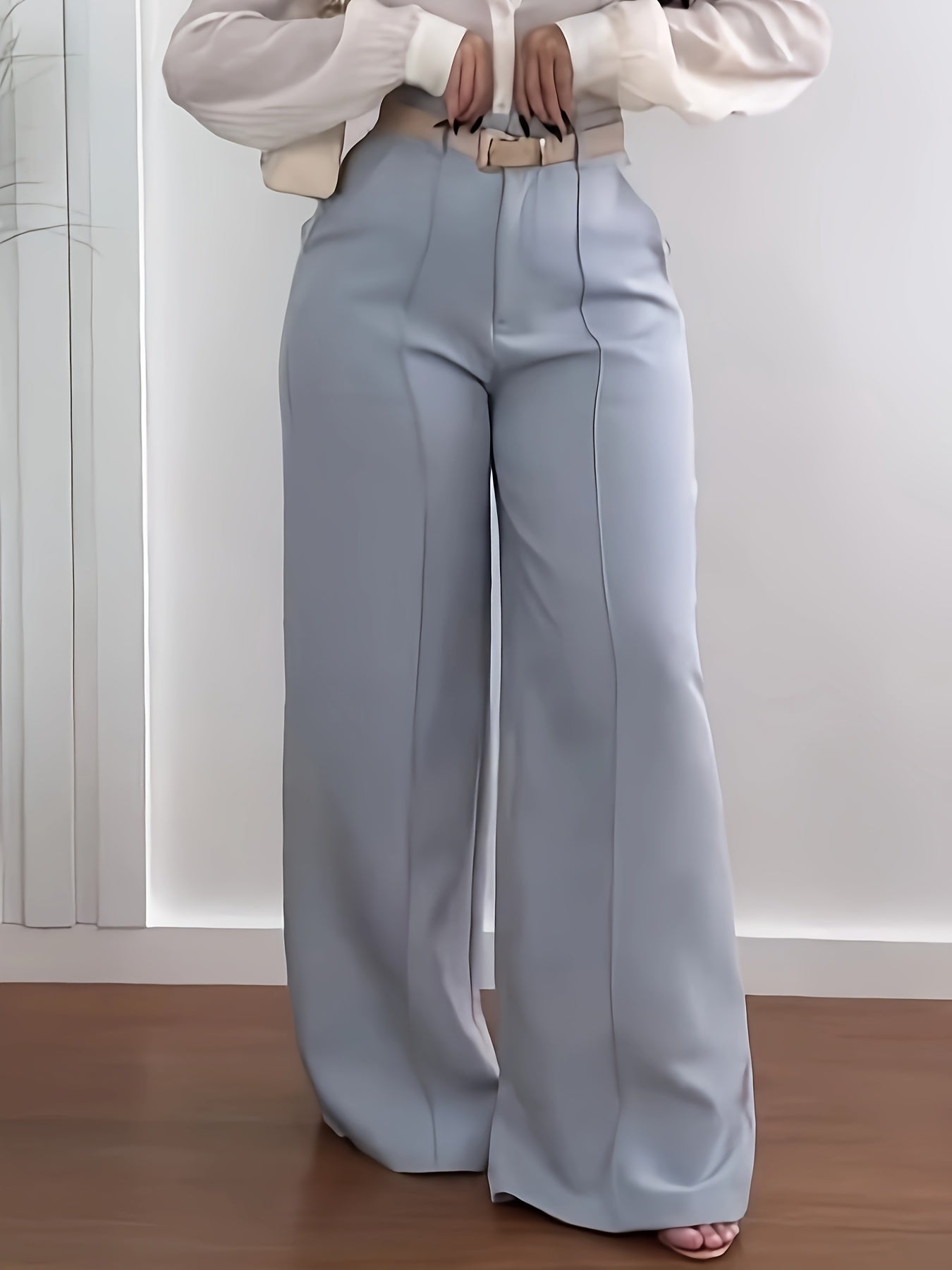 Women'S Elegant Light Blue Straight Leg Pants - All-Season, Solid Color, Pocketed, No Belt Needed, Stylish Workwear, Professional Attire|Straight Leg Pants|Pocketed Pants