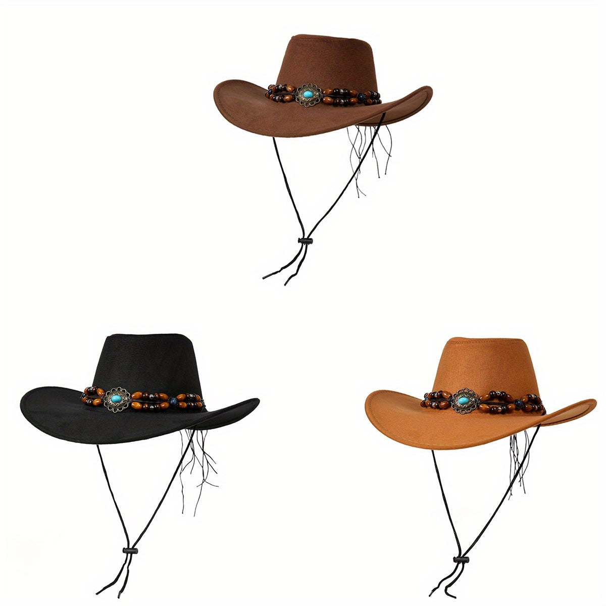 Women Men Vintage Western Hat Wide Brim Cowgirl Cap with Gem Beaded Belt Trendy Sun Hat for Outdoor Party
