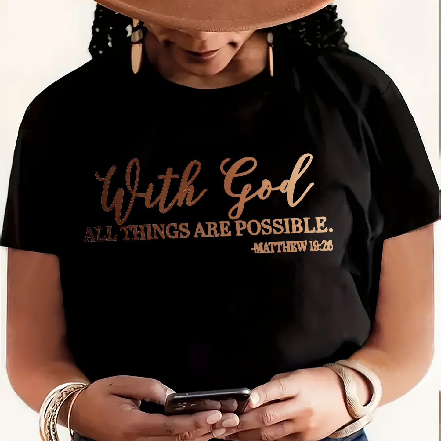 [Soft Christian Faith T-Shirt] Women's Soft Everyday Christian Faith T-Shirt | 'With God Everything is Possible' Bible Verse (Matthew 26:4) | Light Blue Casual Top for Church, Everyday Outfits | Machine Washable, Durable, Com