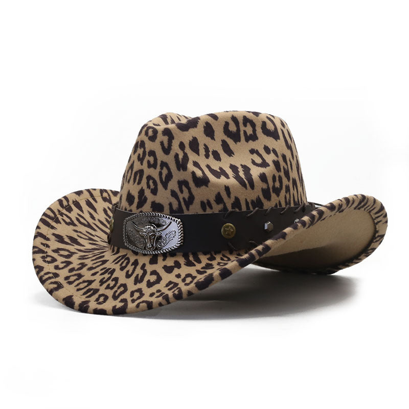 Leopard Print Western Cowboy Hat with Detachable Heart-Shaped Decorative Band - Lightweight Felt Material, Adjustable Drawstring Closure, Black & Brown Animal Print Design for Outdoor, Christmas, Thanksgiving, Kwanzaa - Unise