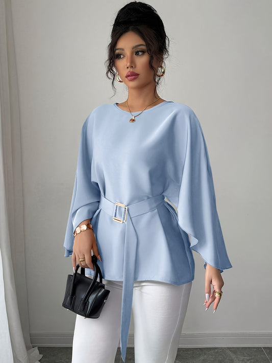 Women'S French Chic Blouse - Elegant Batwing Sleeve Shirt with Adjustable Tie Waist, Formal & Everyday Women'S Tops for Office, Parties, Casual Outfits - Fall/Winter Wardrobe Essential, Office Attire, Glossy Finish, Smooth Te