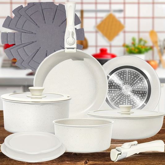 15 Pcs Pots and Pans Set, Non Stick Kitchen Cookware Set, Detachable Handle Nonstick Induction Cookware Cooking Sets with Removable Handle, Cookware Set, White