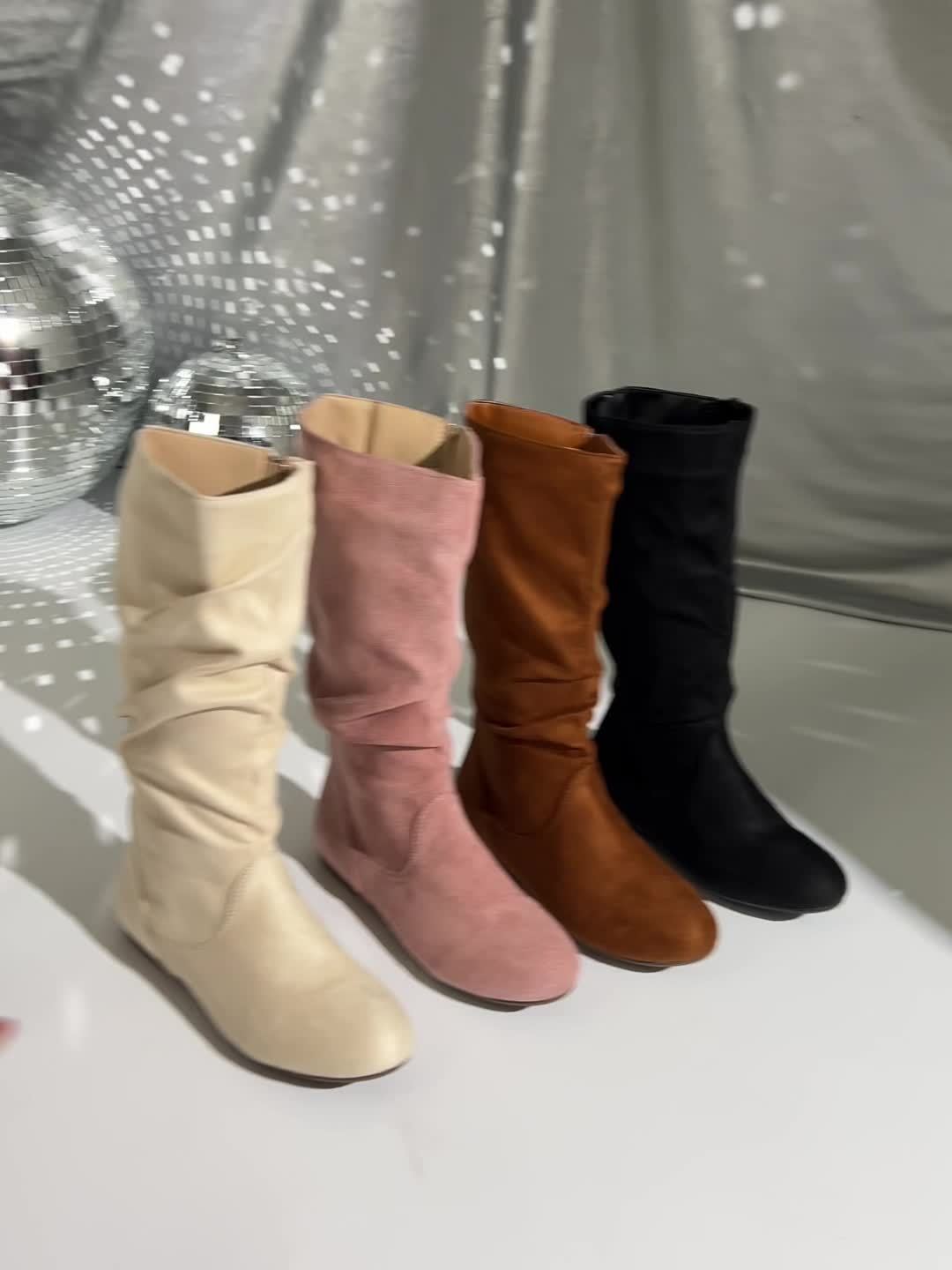 [Women's Ankle Boots] Women's solid color mid-calf ankle boots with pleated design on the boot shaft and zipper on the side. Fashionable Women's ankle boots, suitable for matching with skirts pants in autumn and winter