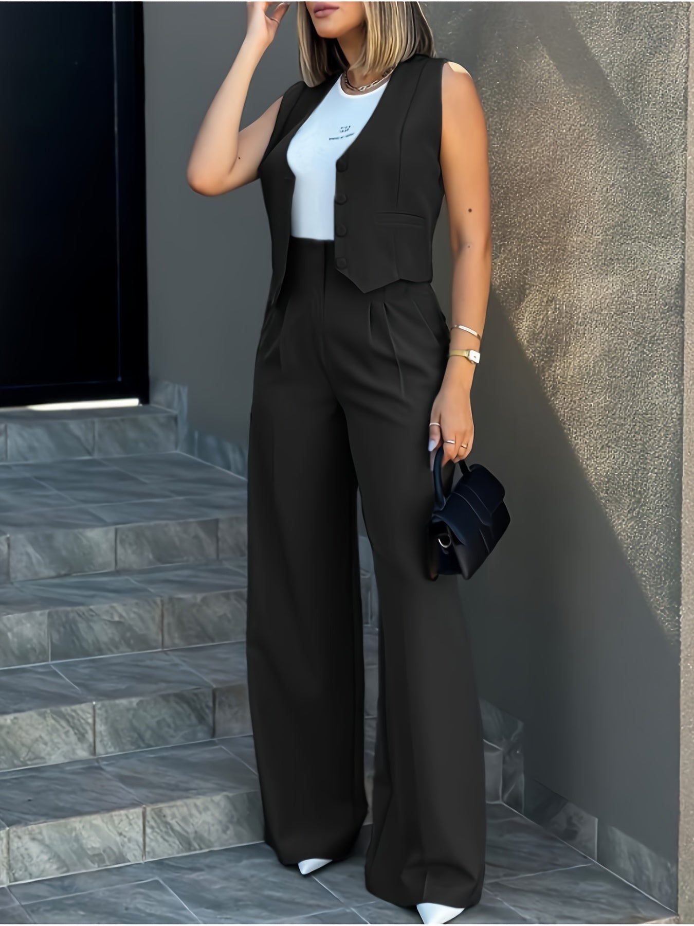 [2pcs Elegant Vest & Pants Set] 2pcs Elegant & Fashionable Casual Vest and Wide-Leg Pants Set | Must-Have for Daily Commuting