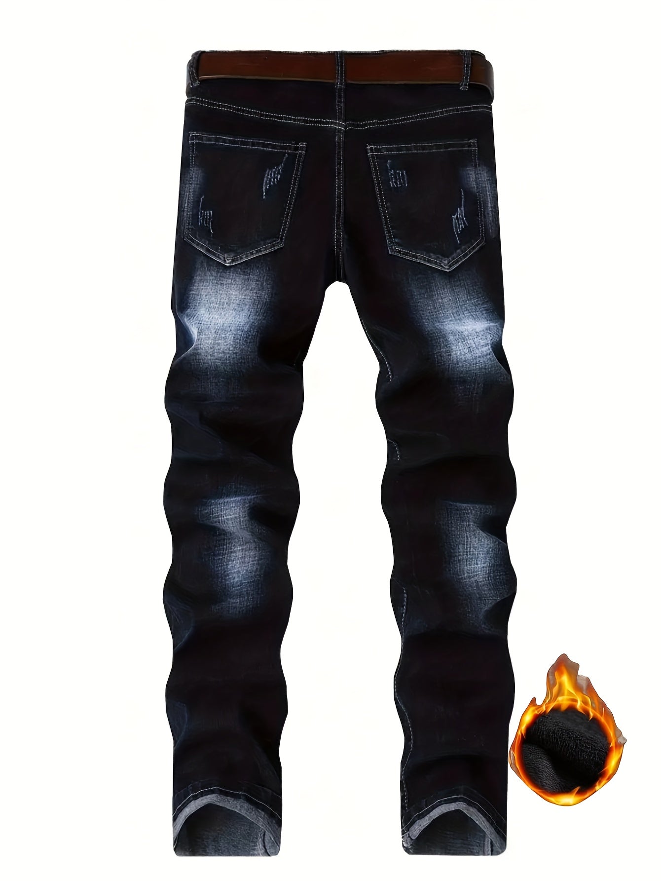 HME Men'S Heavy-Duty Fleece-Lined Winter Faux Denim - Thickened Insulated Faux Denim Trousers with Water-Washed Distressed Design, Mid-Rise Straight-Leg Fit & Beltless Zipper Closure | Cold-Resistant, Machine-Washable Retro A