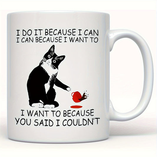 Chic Cat & Letter Print 11oz Ceramic Mug - Perfect for Halloween, Christmas, Easter, Thanksgiving Gifts - Insulated, Reusable Coffee Cup for Home Use