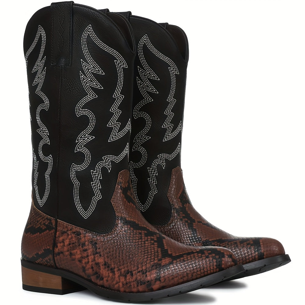 [MIKARKA Western Cowboy Boots] MIKARKA Men's Western Cowboy Boots - Pointed Toe, PU Upper & Inner, Rubber Sole, Slip-On, Short Boots with Striped Pattern