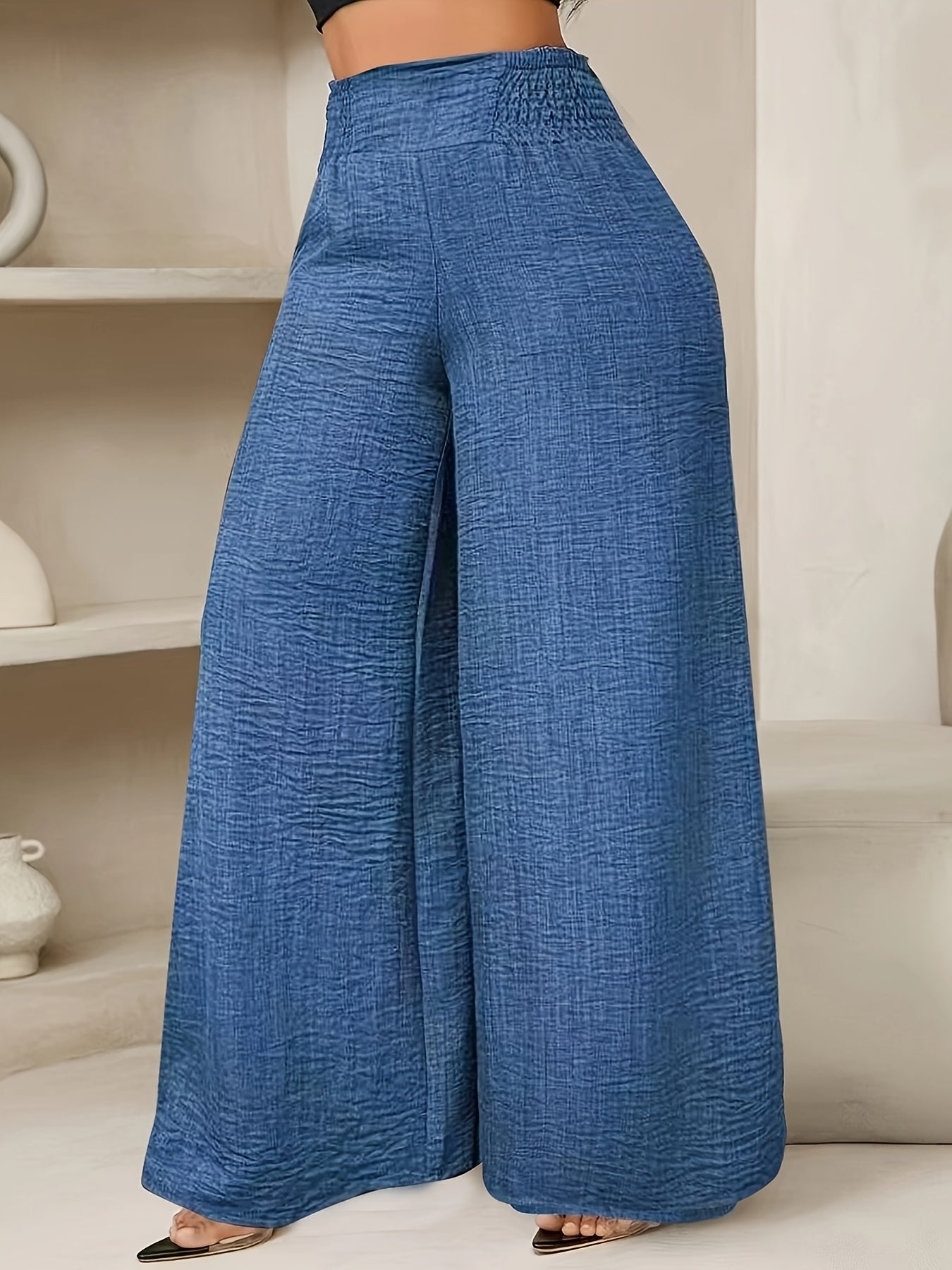 [Polyester Wide Leg Pants] Polyester Women's Wide Leg Pants, Elastic Waist, Loose Fit, Long Length | Solid Color, 100% Polyester, 200g/m², for Spring/Fall, Weekend Casual Wear