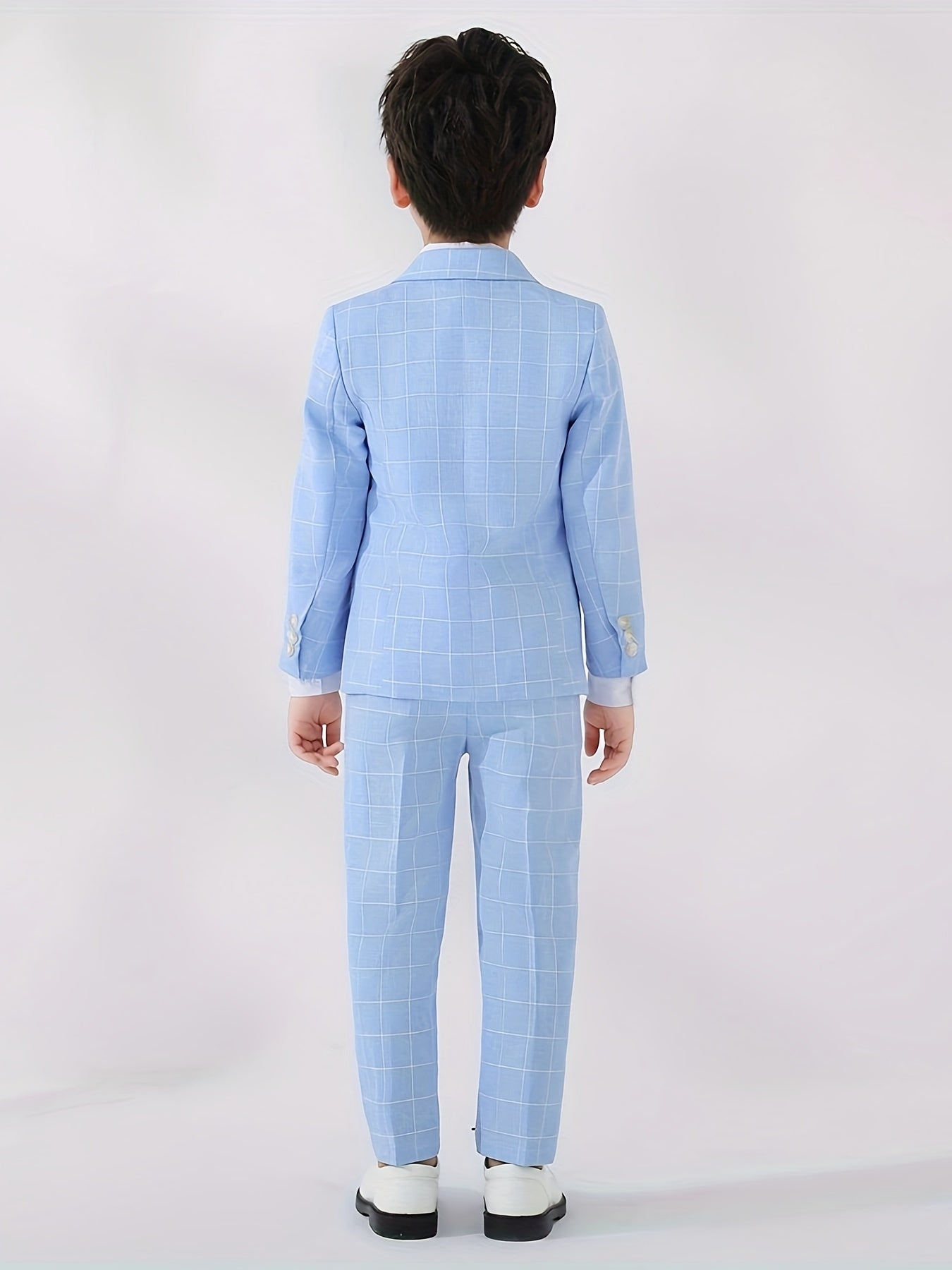 Kids' Elegant Blue Checkered Suit with Bow Tie - Perfect for Weddings and Formal Events, Slim Fit, Long Sleeve, Non-Stretch Fabric, Party Attire|Formal Attire|Slim Fit Suit