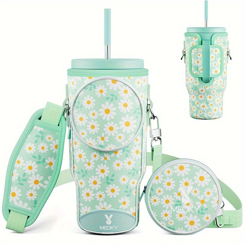 Meoky Water Bottle Carrier Bag With Phone Pocket For 40 Oz Tumbler With Handle, Neoprene Water Bottle Holder Pouch With Adjustable Strap, 2 Carabiner Clips