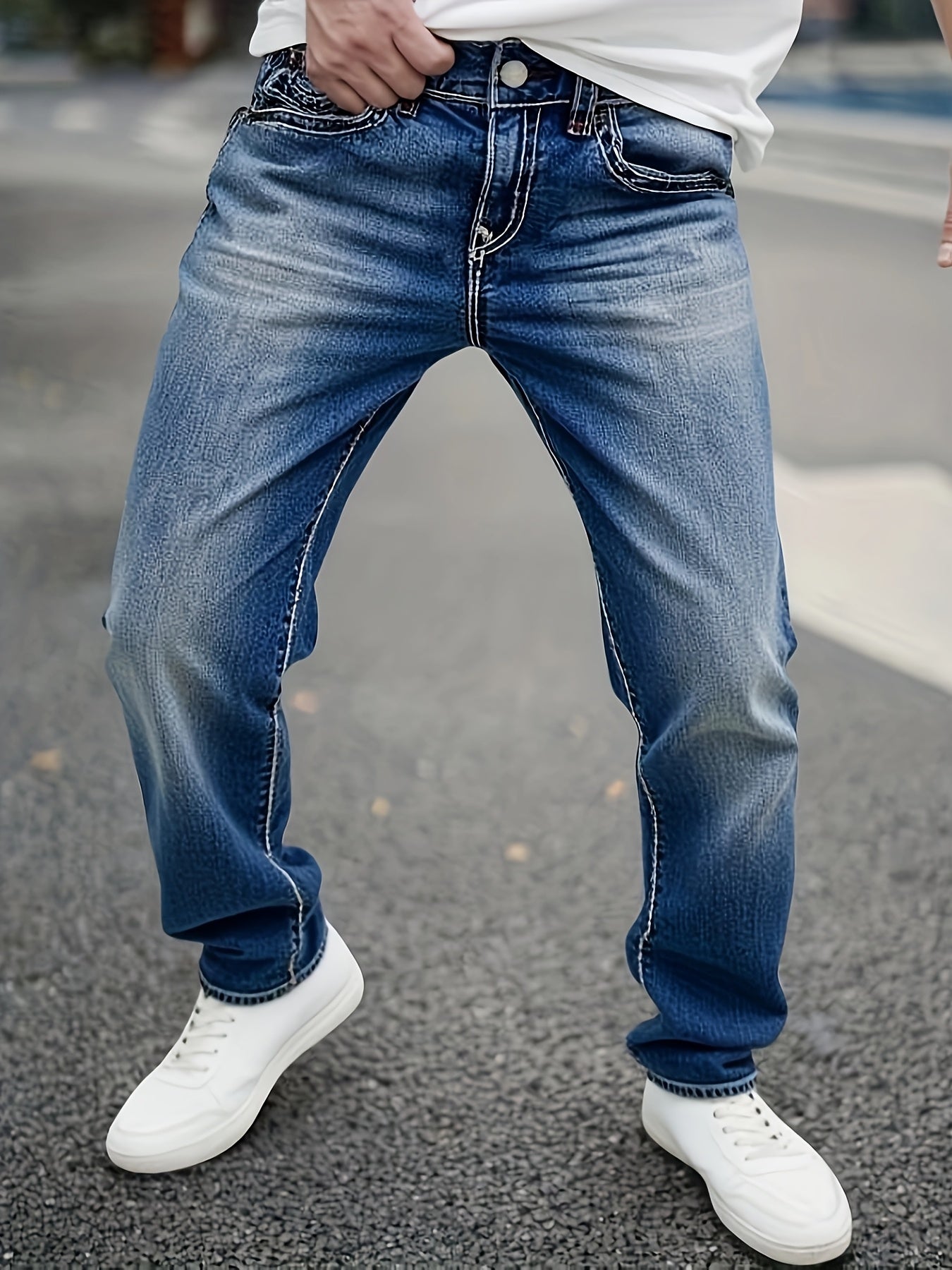 HME Men's Classic Blue Jeans - Mid-Rise Loose Straight-Leg Non-Stretch Pants, Machine Washable Vintage Washed Look with Flip-Over Back Pockets - Everyday Casual Jeans for Year-Round Wear