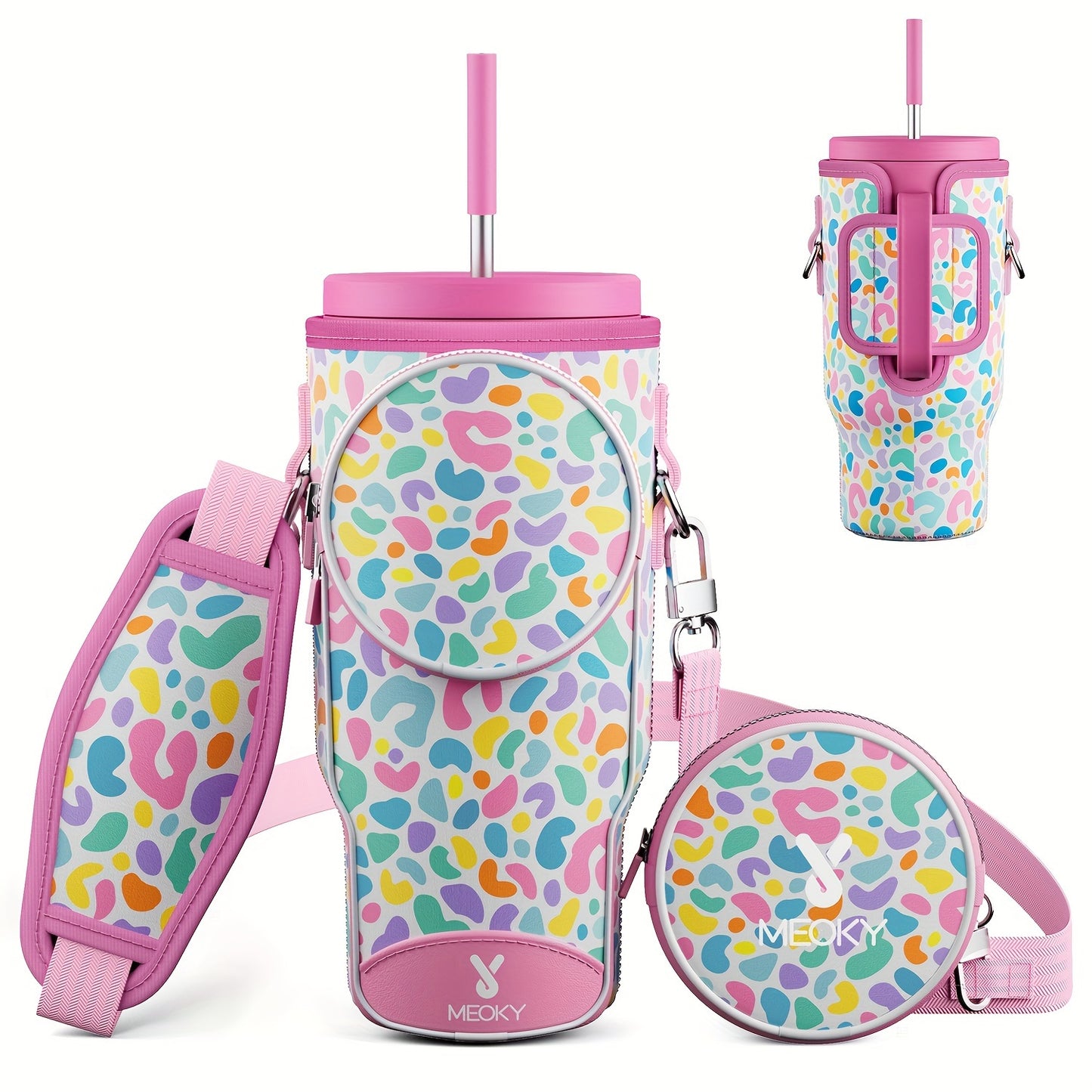 Meoky Water Bottle Carrier Bag With Phone Pocket For 40 Oz Tumbler With Handle, Neoprene Water Bottle Holder Pouch With Adjustable Strap, 2 Carabiner Clips