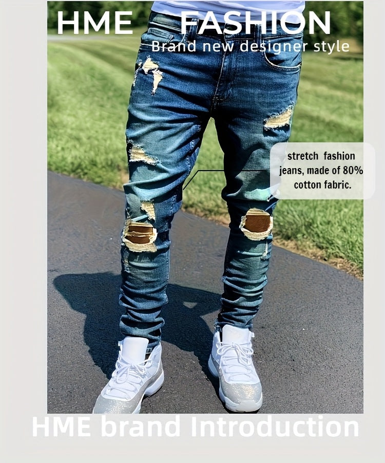 HME Men'S Slim-Fit Straight-Leg Denim Jeans - Mid-Rise Vintage Washed Blue, Stretch Comfort, YKK Zipper Closure, Breathable Rayon Blend, All-Season Casual & Business Wear, Slim Jeans, Midrise Denim, Designer Jeans, Comfortabl