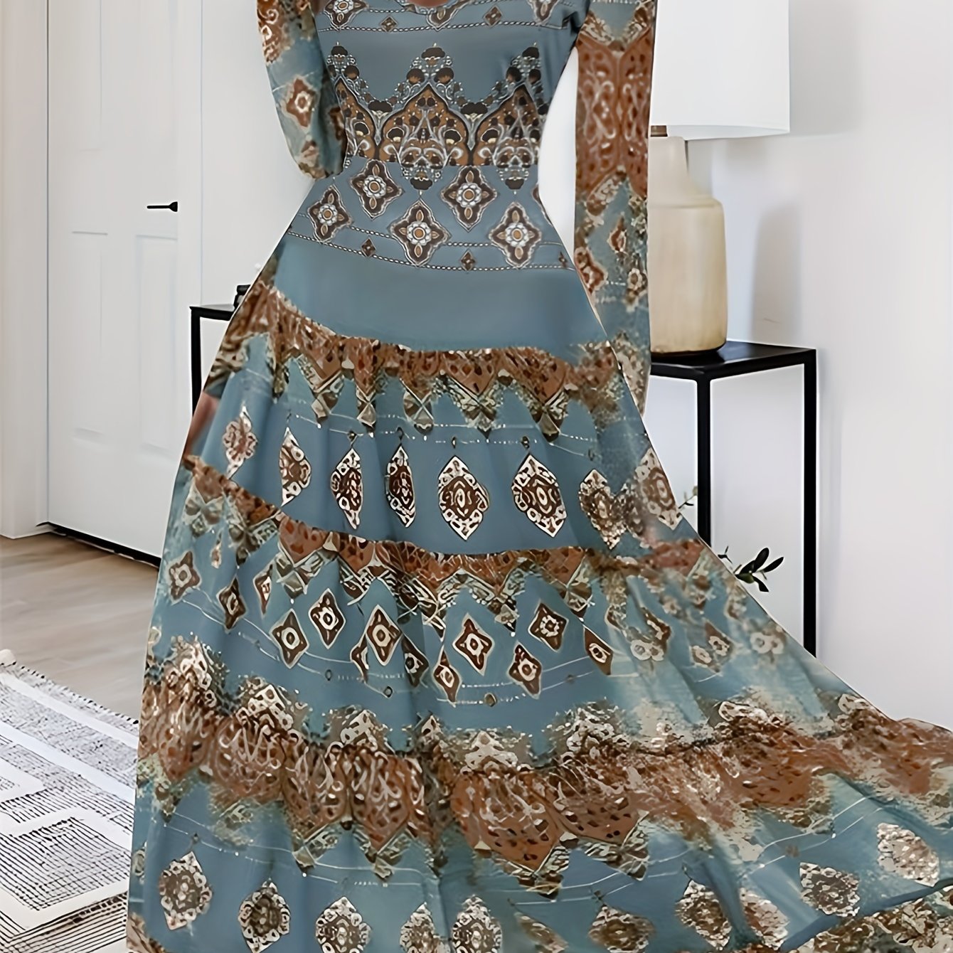 Vibrant Tribal Print Long Sleeve Vintage V Neck Dress - Stylish Women's Dresses for Spring and Fall Seasons - Comfortable, Relaxed Fit, Flattering A-Line Silhouette