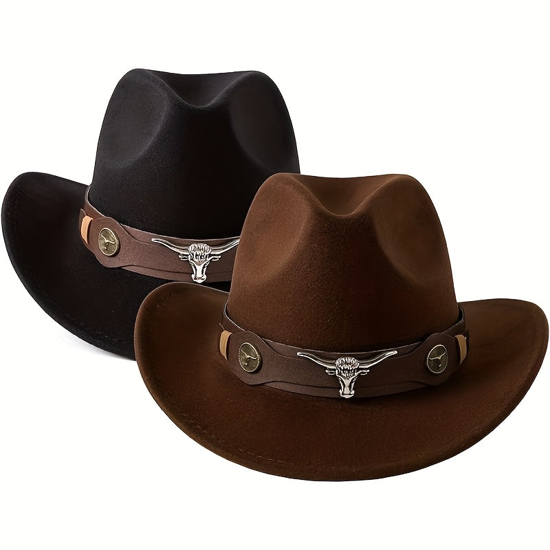 [2-Pack Western Cowboy Hats] 2-Pack Stylish Western Cowboy Hats, Beige & Brown, Unisex Polyester Felt Hats | Wide Brim Hat, Faux Leather & Bull Head Belt, Perfect for Western Themed Events, Costume Parties, and Outdoor Advent