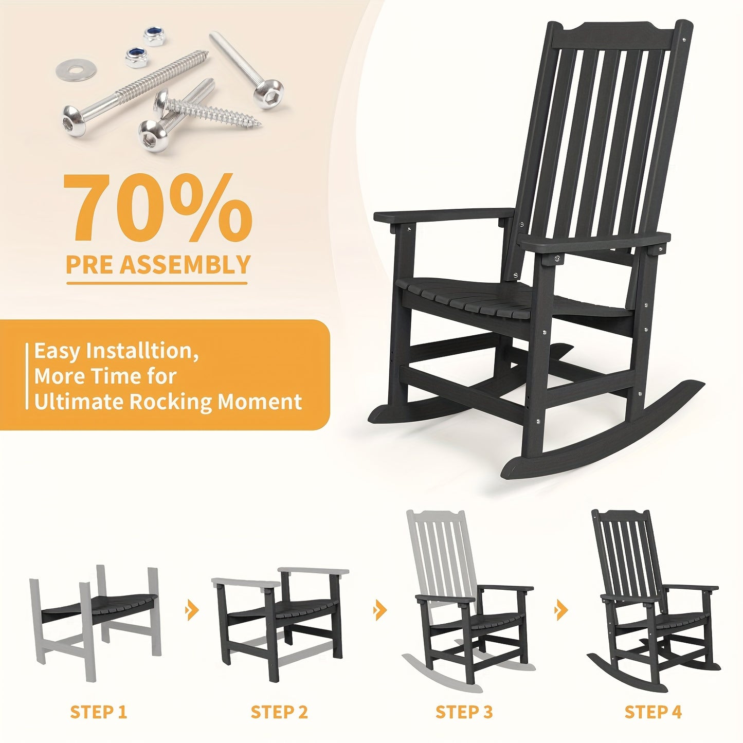 Patio Rocking Chair Set of 2 or Set of 4, Oversized Rocker Chair for Adult, All Weather Rocking Chair Outdoor, High Back Porch Rocker, Rocking Chairs for Garden, Backyard