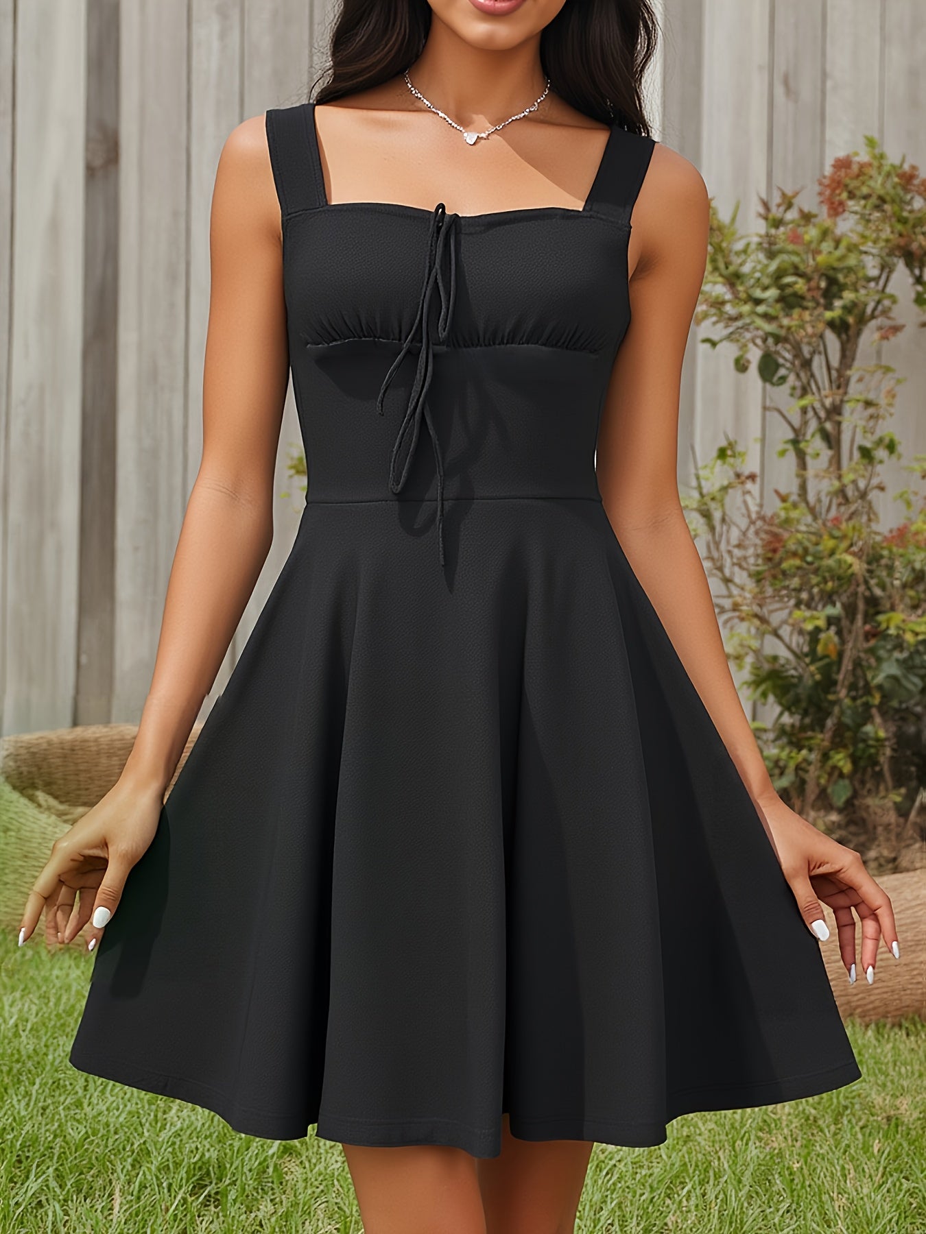 [Vintage Off-Shoulder Dress] Vintage-Inspired Black Polyester Off-Shoulder Dress | Ruffled Hem, Tie-Back Detail | Sleeveless A-Line Midi Silhouette | Elegant Summer Women's Fashion | Machine Washable