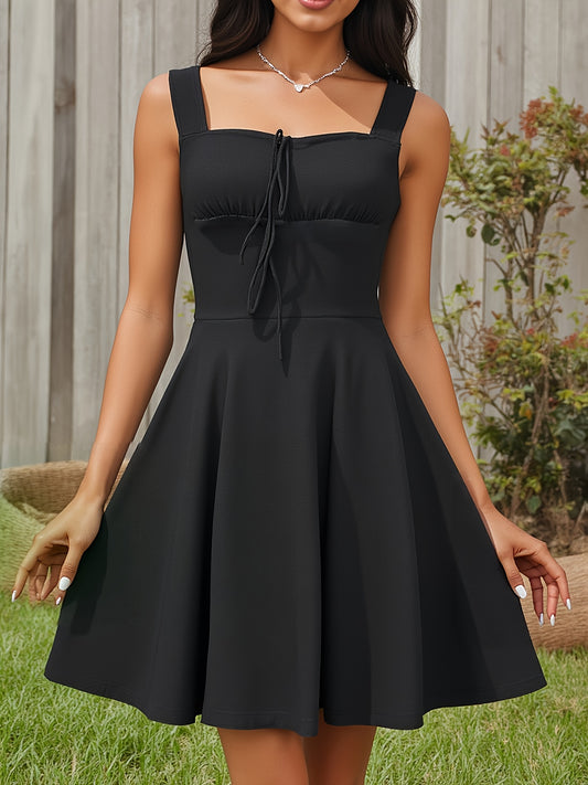 [Vintage Off-Shoulder Dress] Vintage-Inspired Black Polyester Off-Shoulder Dress | Ruffled Hem, Tie-Back Detail | Sleeveless A-Line Midi Silhouette | Elegant Summer Women's Fashion | Machine Washable