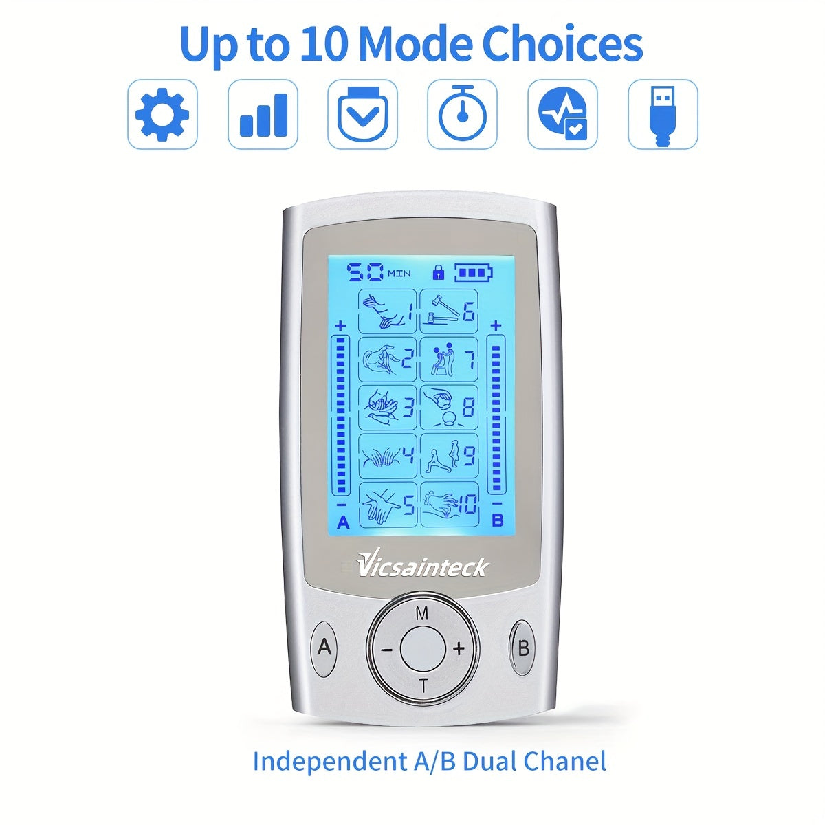[Portable TENS Stimulator] Portable Rechargeable TENS Unit Muscle Stimulator Machine | 1pc Independent Dual Channel, 10 Modes, 20 Levels of Intensity, with 4pcs 2"x2" Premium Electrode Pads