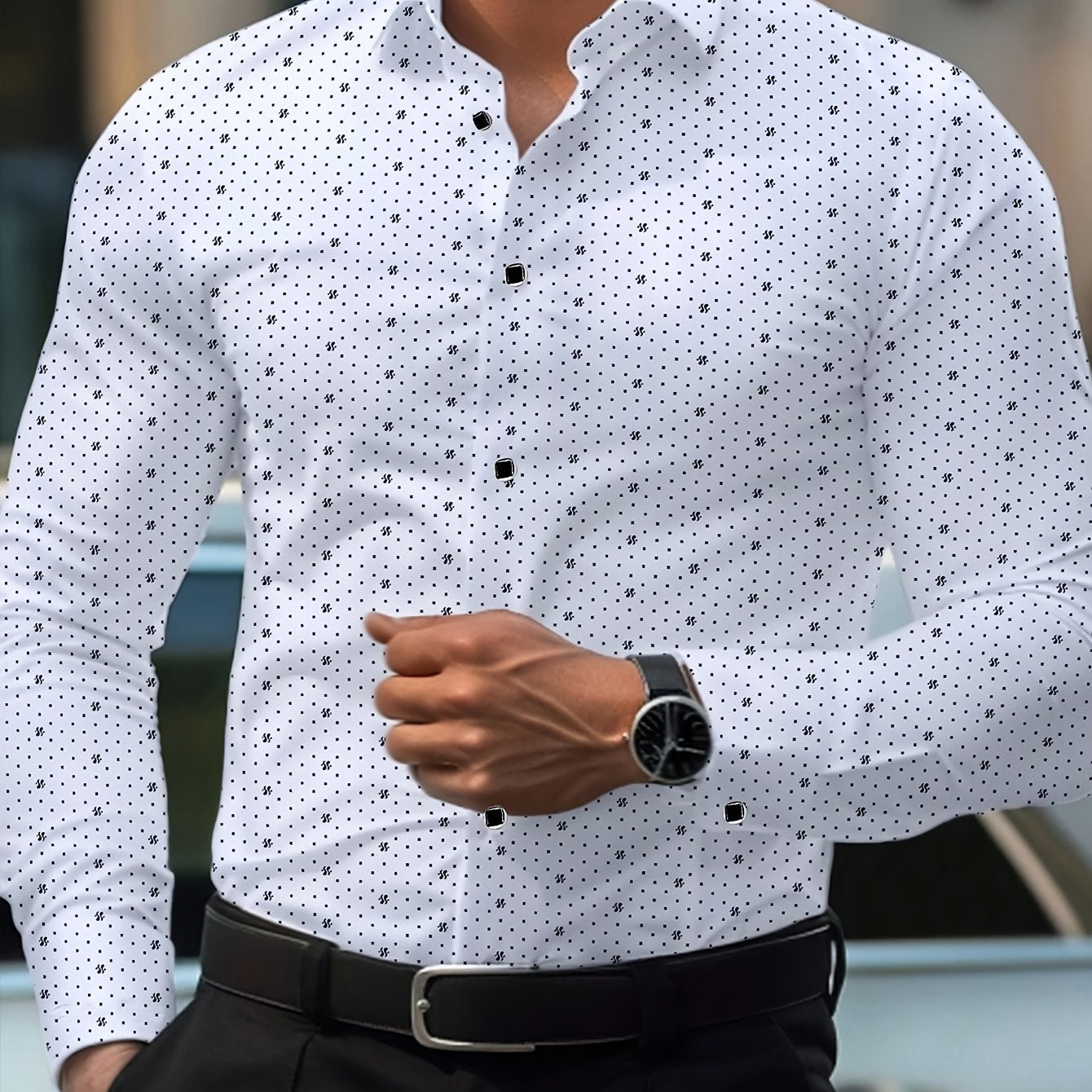 Men's Formal & Everyday Button-Up Shirt - Classic White with Black Dot Pattern, Easy-Care Non-Stretch Fabric, Long Sleeve Dress Shirt for Office, Formal Events, Casual Outfits - Ideal Gift for Dad, Husband, Boyfriend, Fathers