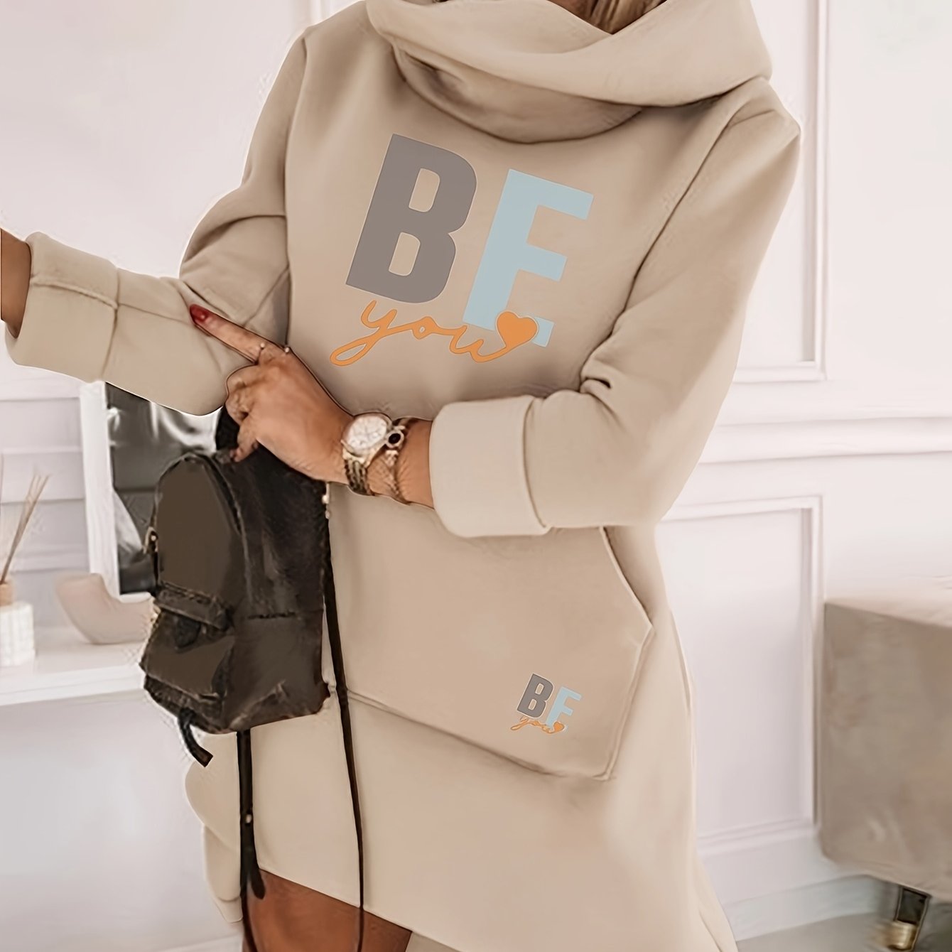 [Motivational Hoodie Dress] Royal Blue Women's Hoodie Dress | BE YOU Motivational Text, Hooded Pullover, Machine Washable, Geometric Pattern, Comfortable Fit, Lounge Wear, Trendy Fashion, Easy Care Fabric