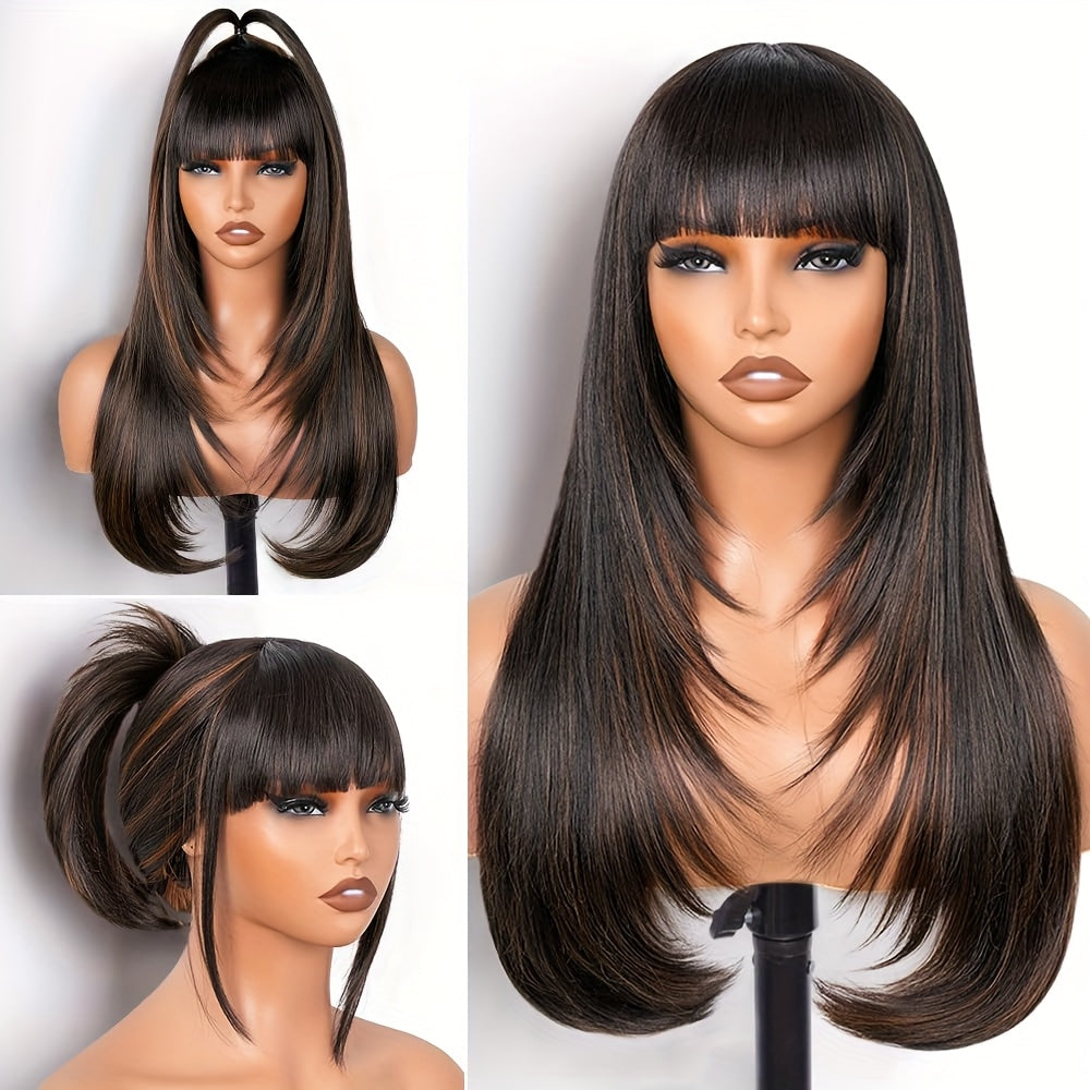 Long Straight Layered Wig with Bangs Glueless Natural Black Synthetic Bangs Wig 26 Inch Put On and Go Wigs High Temperature Fiber Pixie Cut Layered Wig for Women Daily Use