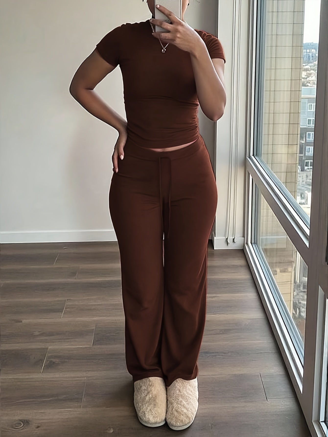 Maroon Women's Two-Piece Set: Short Sleeve Crop Top & High-Waisted Wide-Leg Pants - Cozy Fleece Loungewear with Drawstring Waist, Soft & Comfortable for Casual Home Wear, All-Season Wear, Loungewear Set|Casual Style|Soft Flee