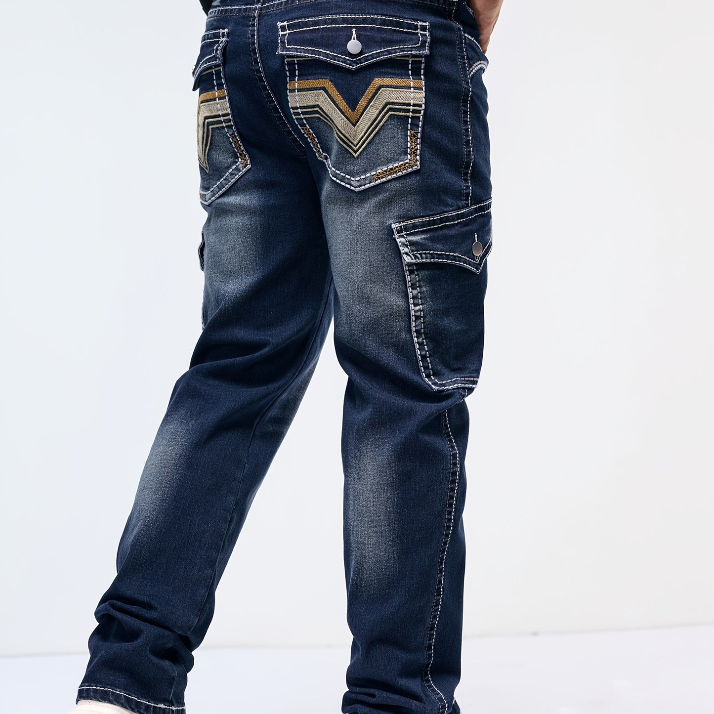 Men's Vintage Embroidered Stretch Denim Jeans with Multiple Pockets - Cotton Blend, Machine Washable