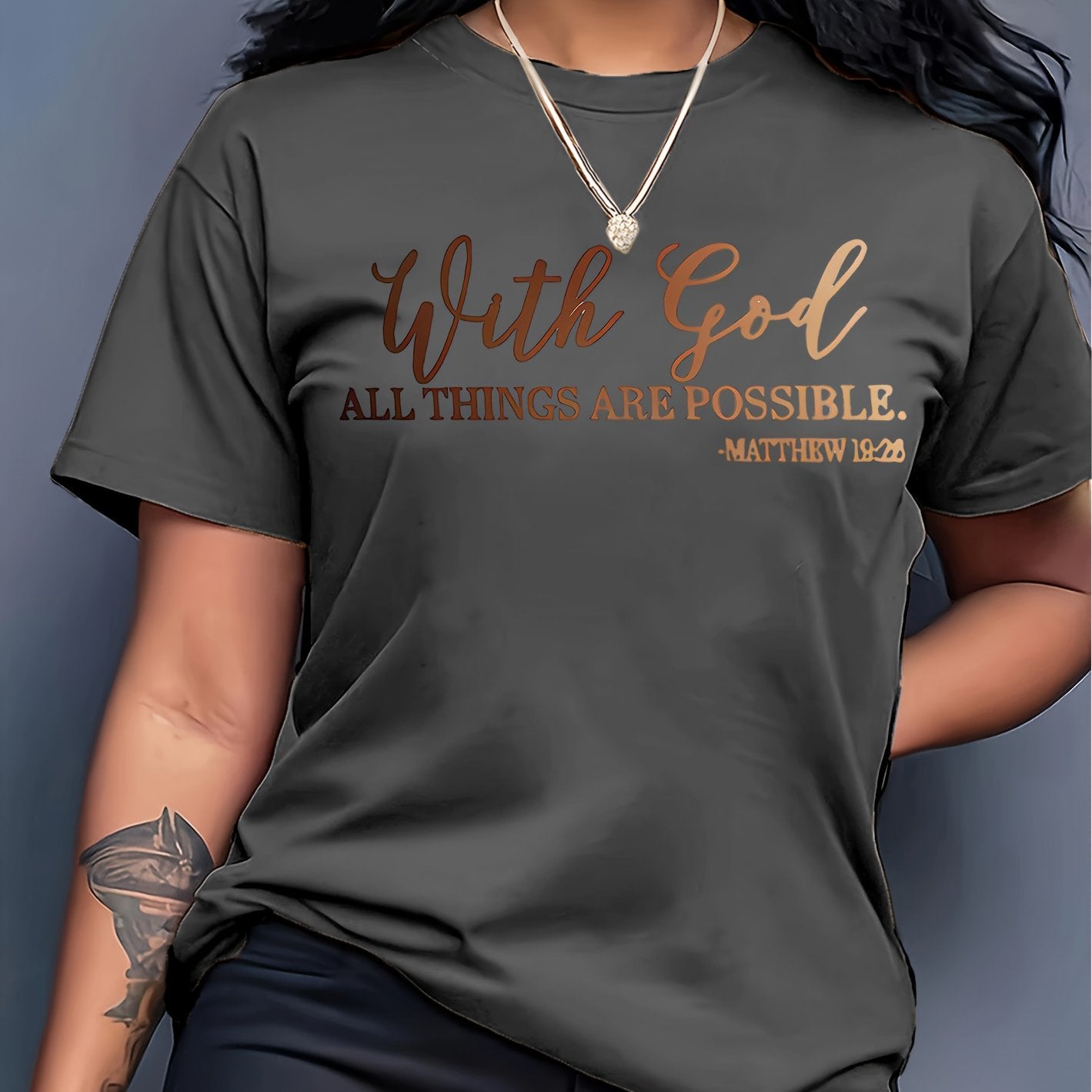 [Soft Christian Faith T-Shirt] Women's Soft Everyday Christian Faith T-Shirt | 'With God Everything is Possible' Bible Verse (Matthew 26:4) | Light Blue Casual Top for Church, Everyday Outfits | Machine Washable, Durable, Com