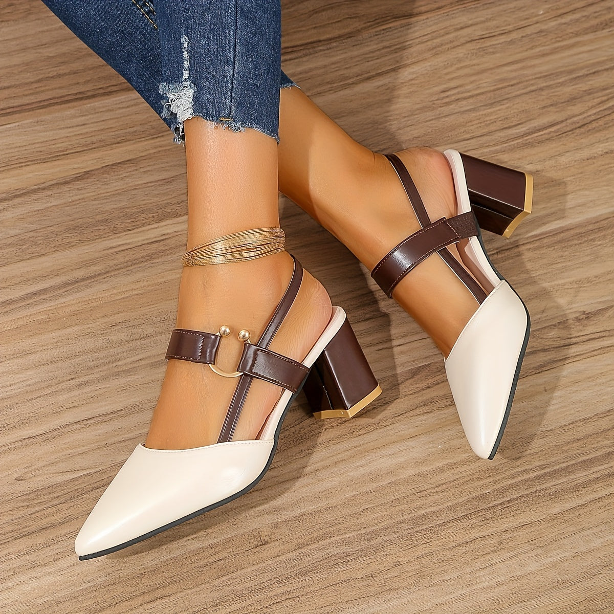 [Thick Heel Sandals] Medium Heel Ladies Pointed Toe Baotou Thick Heel Fashion Sandals Versatile Shoes