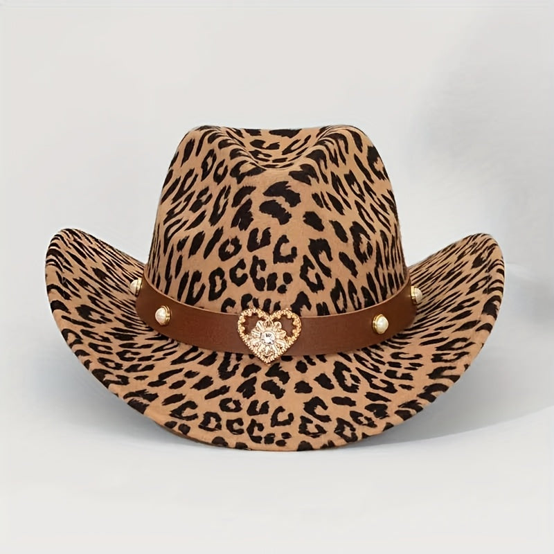 Leopard Print Western Cowboy Hat with Detachable Heart-Shaped Decorative Band - Lightweight Felt Material, Adjustable Drawstring Closure, Black & Brown Animal Print Design for Outdoor, Christmas, Thanksgiving, Kwanzaa - Unise