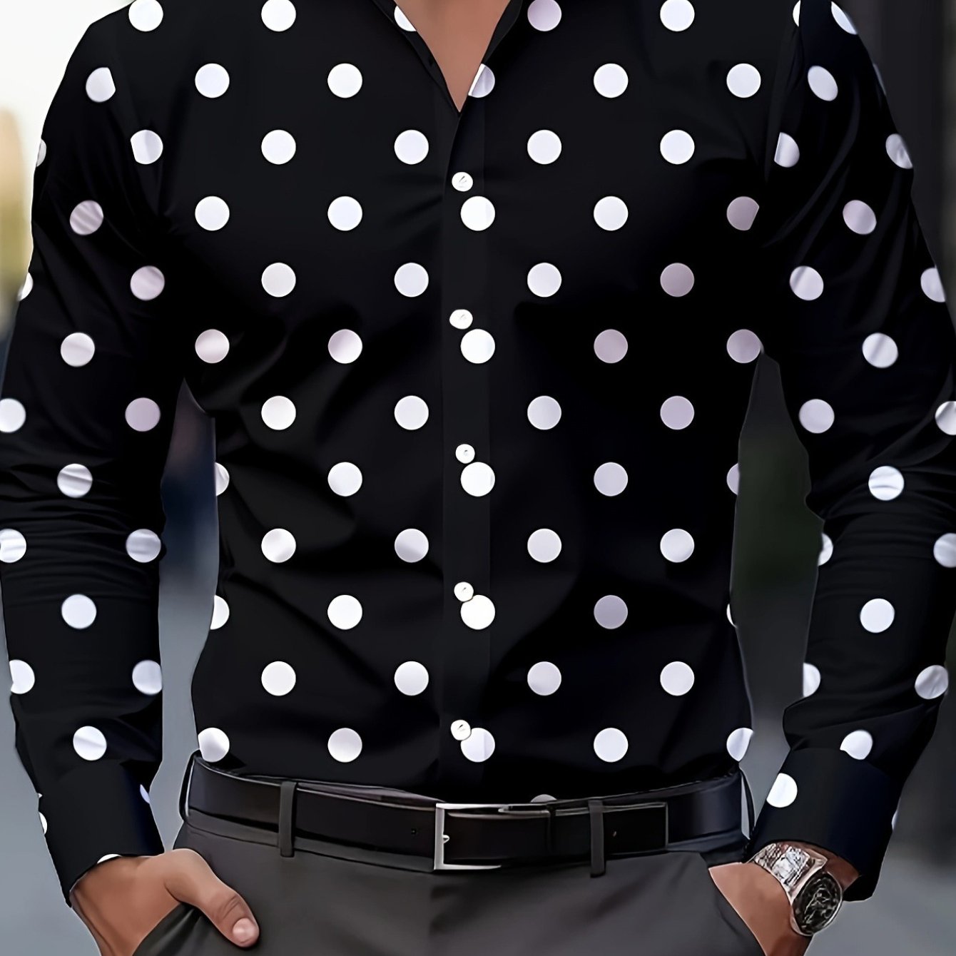 [Men's Casual Shirt] Men's Casual Shirt - Red & Black Polka Dot Print, Machine Washable Non-Elastic Fabric, Classic Button Front, Regular Fit Long Sleeve for Spring/Autumn Outdoor & Casual Wear, Seasonal Fashion, Straight Sle