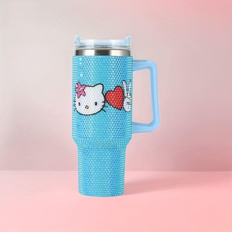 1pc Hello Kitty 40oz Stainless Steel Insulated Water Bottle with Rhinestone Tumbler Lid, Cute Pink Kitty Cat Handle & Straw - BPA-Free Thermos for,, Women, Birthday/Christmas/Valentine's Gift, Hot/Cold Drink Thermos, Drink Bo