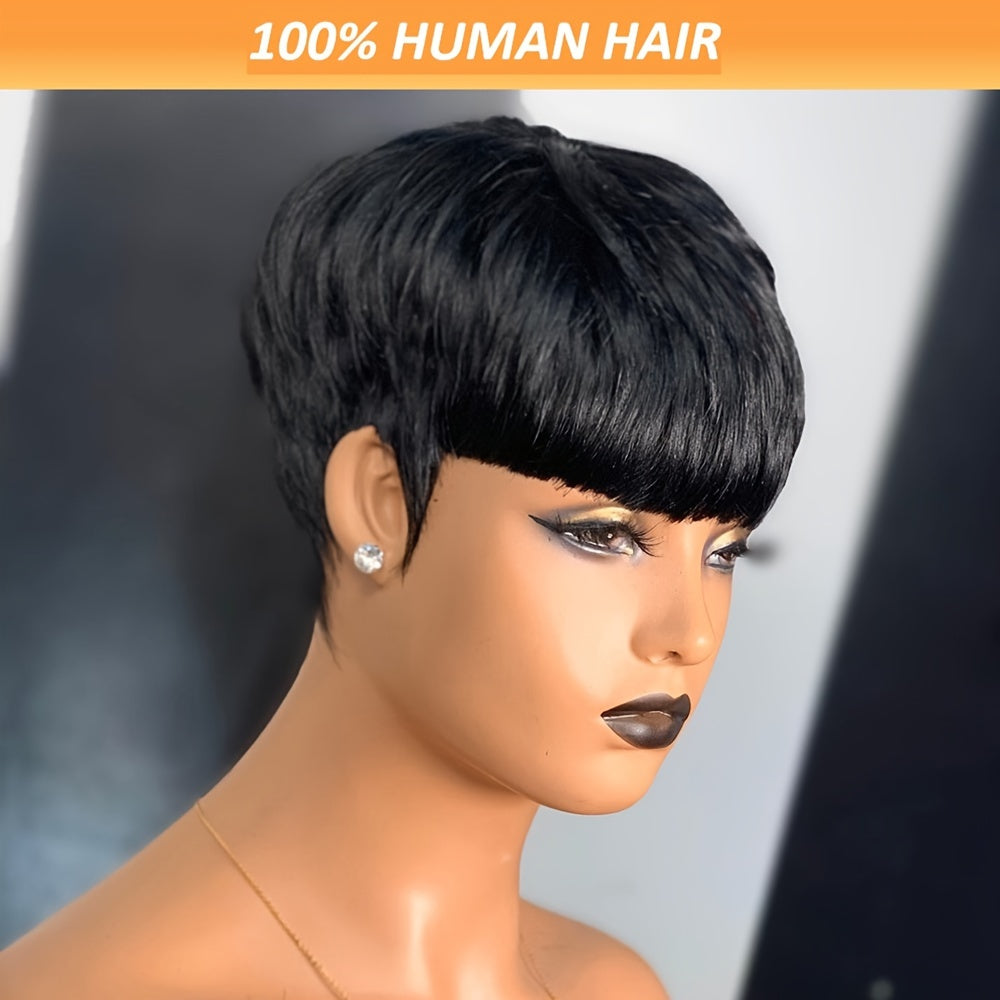1B Brazilian Remy Human Hair Pixie Cut Wigs for Women with Bangs, Short, Layered, 9A, Full Machine Made, Natural Black Color, Glueless