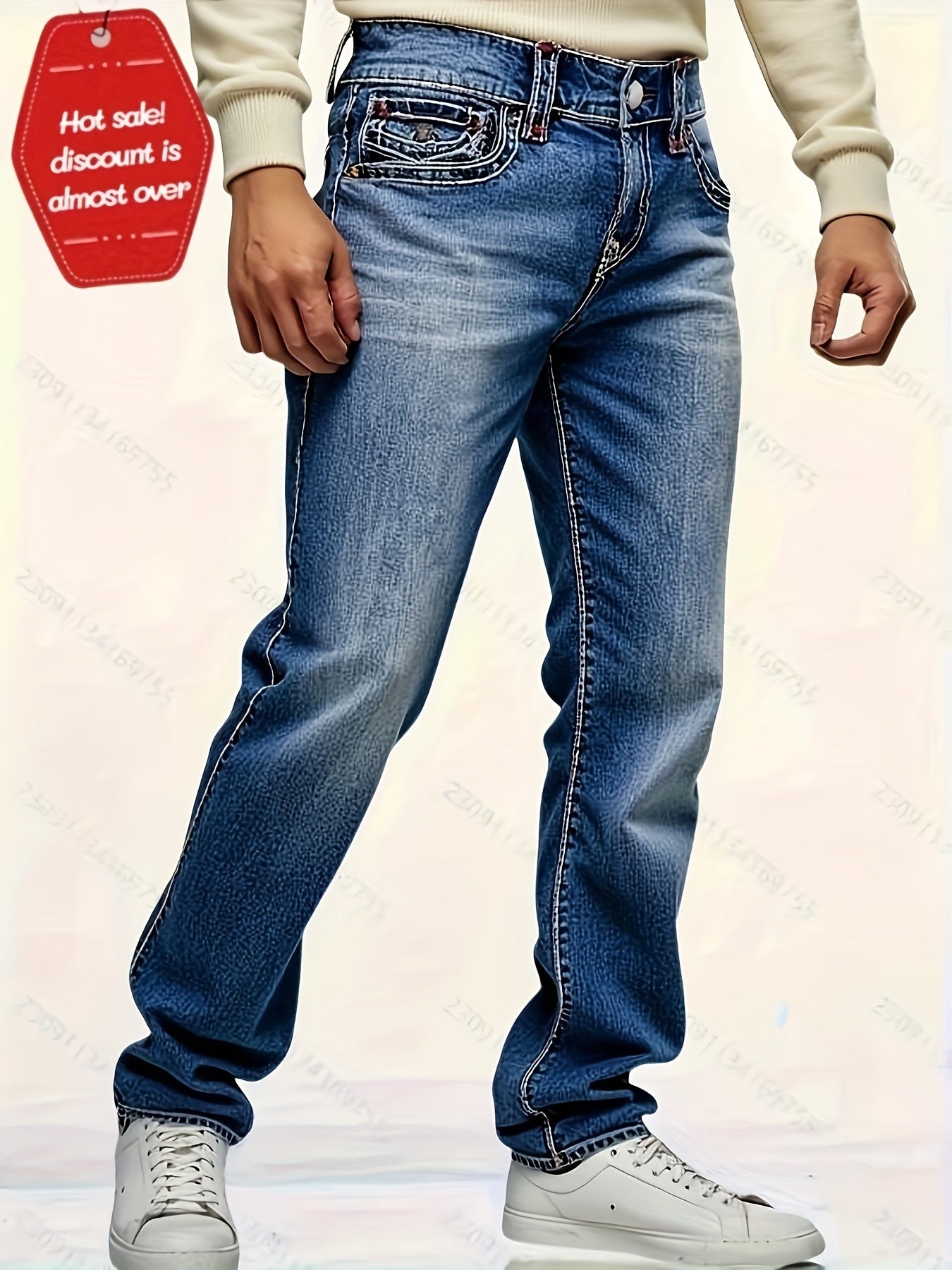 HME Men's Classic Blue Jeans - Mid-Rise Loose Straight-Leg Non-Stretch Pants, Machine Washable Vintage Washed Look with Flip-Over Back Pockets - Everyday Casual Jeans for Year-Round Wear
