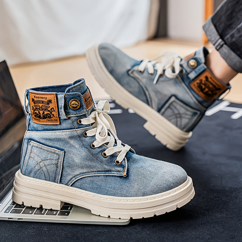New Men'S Cowboy Ankle Boots with Thick Soles, Suitable for All Seasons, Featuring a Vintage Design, Breathable Material, And a Stylish Versatile Look.