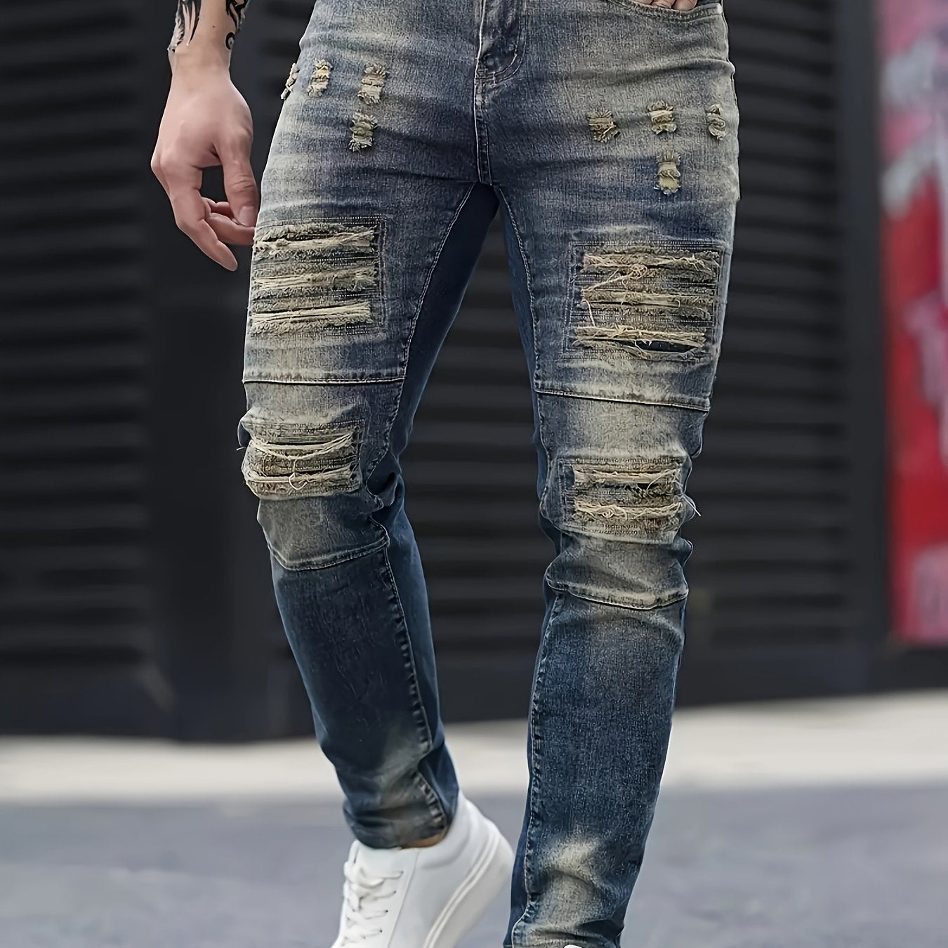 Men's Jeans, Stretch Denim Feet, Ripped, Craftsmanship, Slim, Dark Blue, Worn Men's Pants, Suitable for All Seasons
